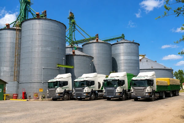 Silos de la planta de acopio con camiones de Rucamalen
